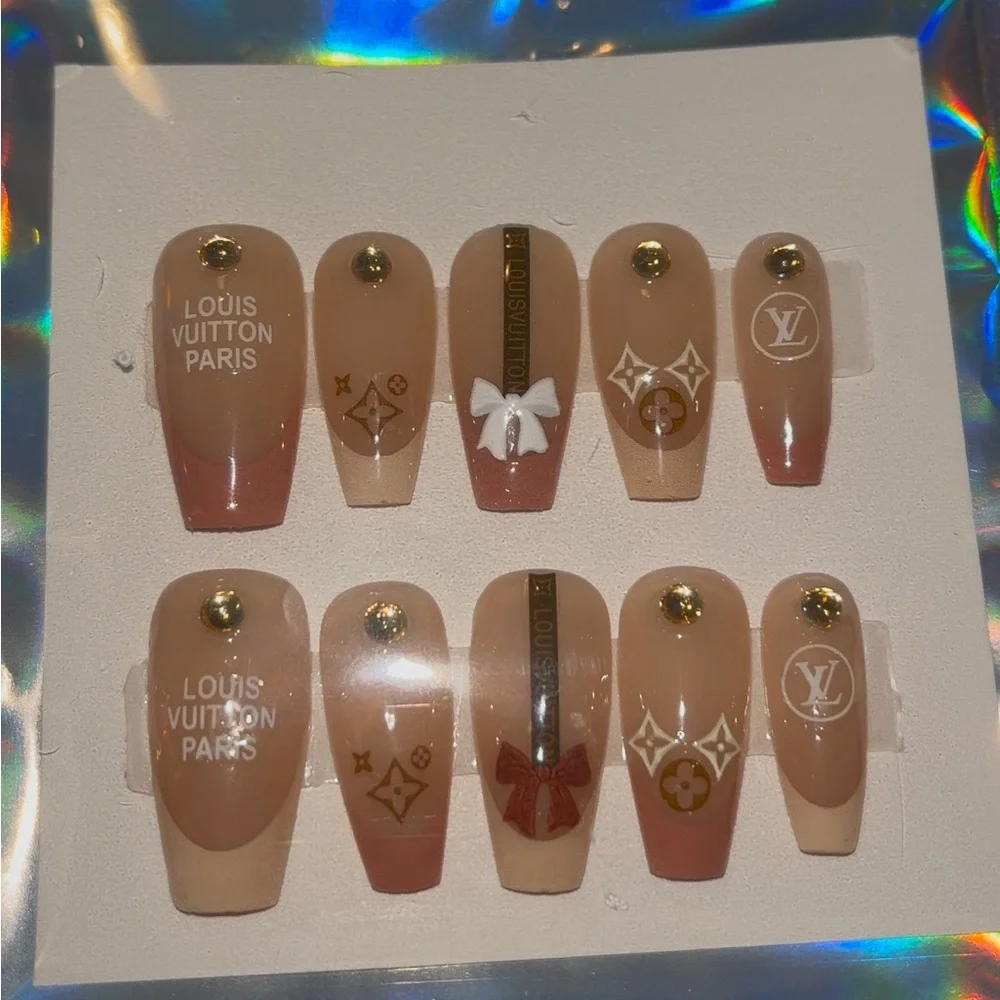 10 PC Hand Crafted Brown & Beige Nails Coffin NWT *CLEARANCE*